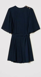Twinset Milano Navy Pleated Georgette Short Dress
