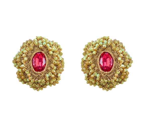 St Erasmus Gold & Ruby Large Crochet Crystal Earrings