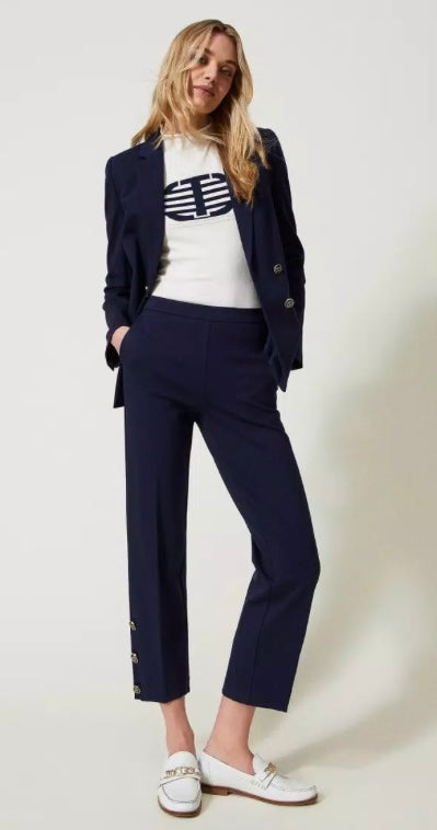 Twinset Navy Cropped Trousers with Oval T Buttons