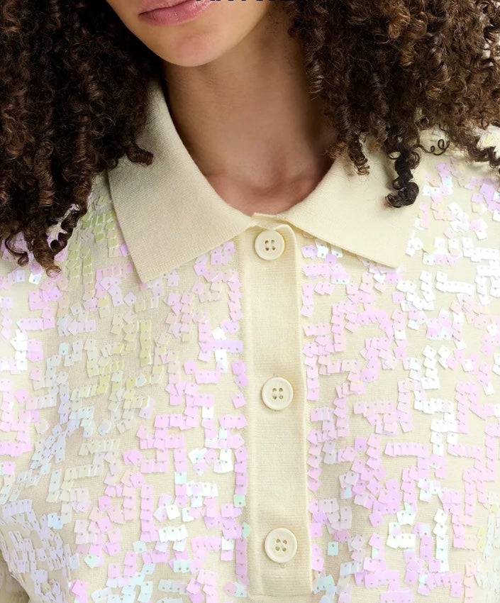Essentiel Antwerp Off-White Iridescent Sequin Polo Knit Top