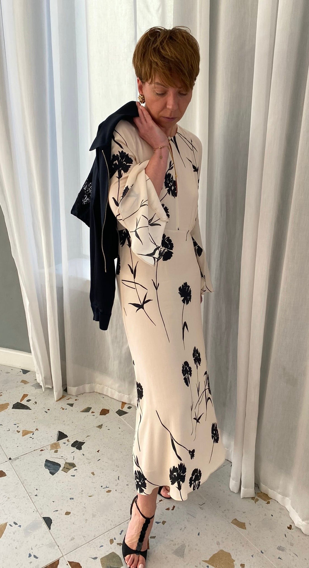 Twinset Cream & Black Wisteria Carnation Crepe de Chine Dress