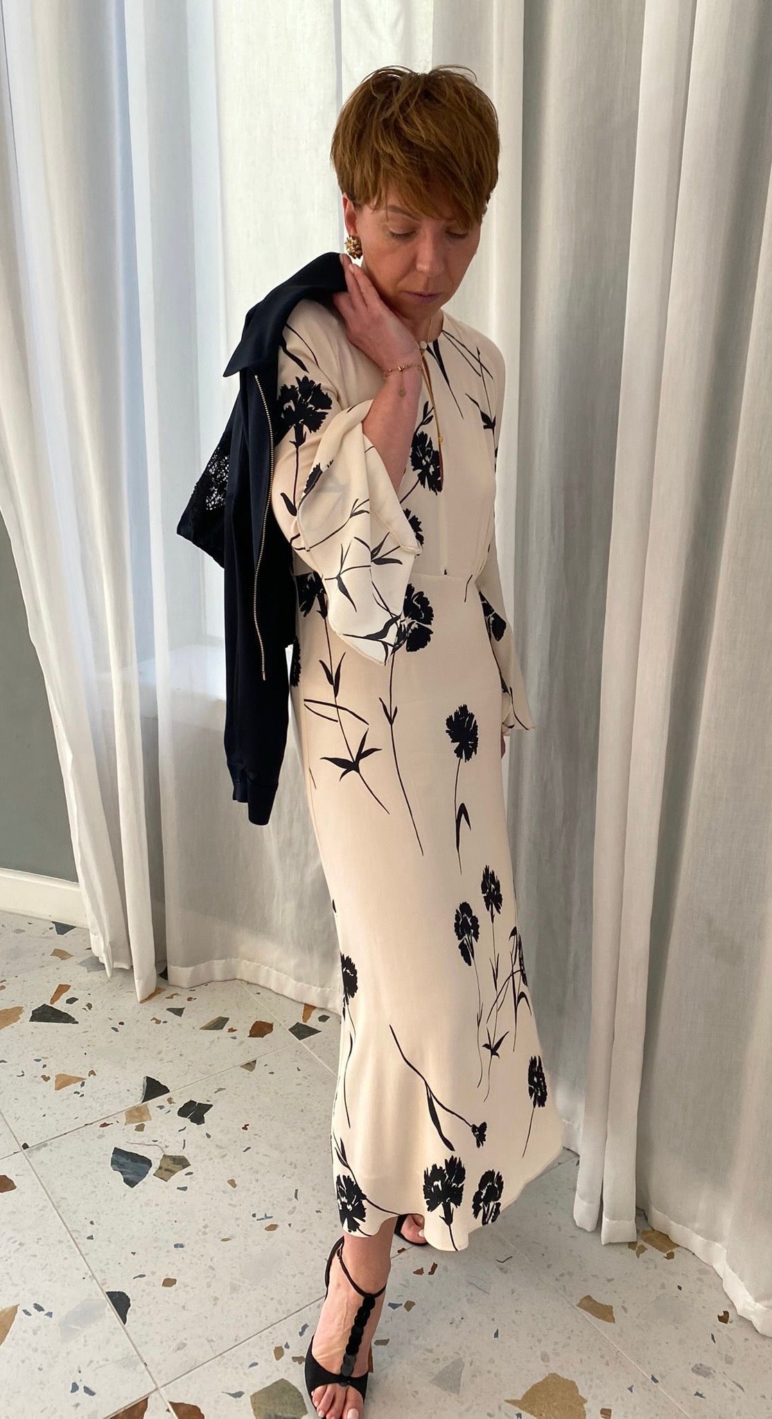 Twinset Cream & Black Wisteria Carnation Crepe de Chine Dress