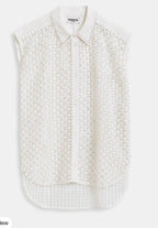 Essentiel Antwerp White Mesh Sleeveless Shirt with Crystal Embellishments