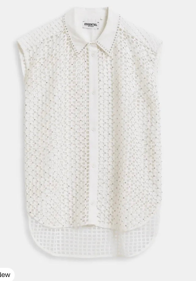 Essentiel Antwerp White Mesh Sleeveless Shirt with Crystal Embellishments