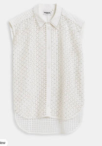 Essentiel Antwerp White Mesh Sleeveless Shirt with Crystal Embellishments