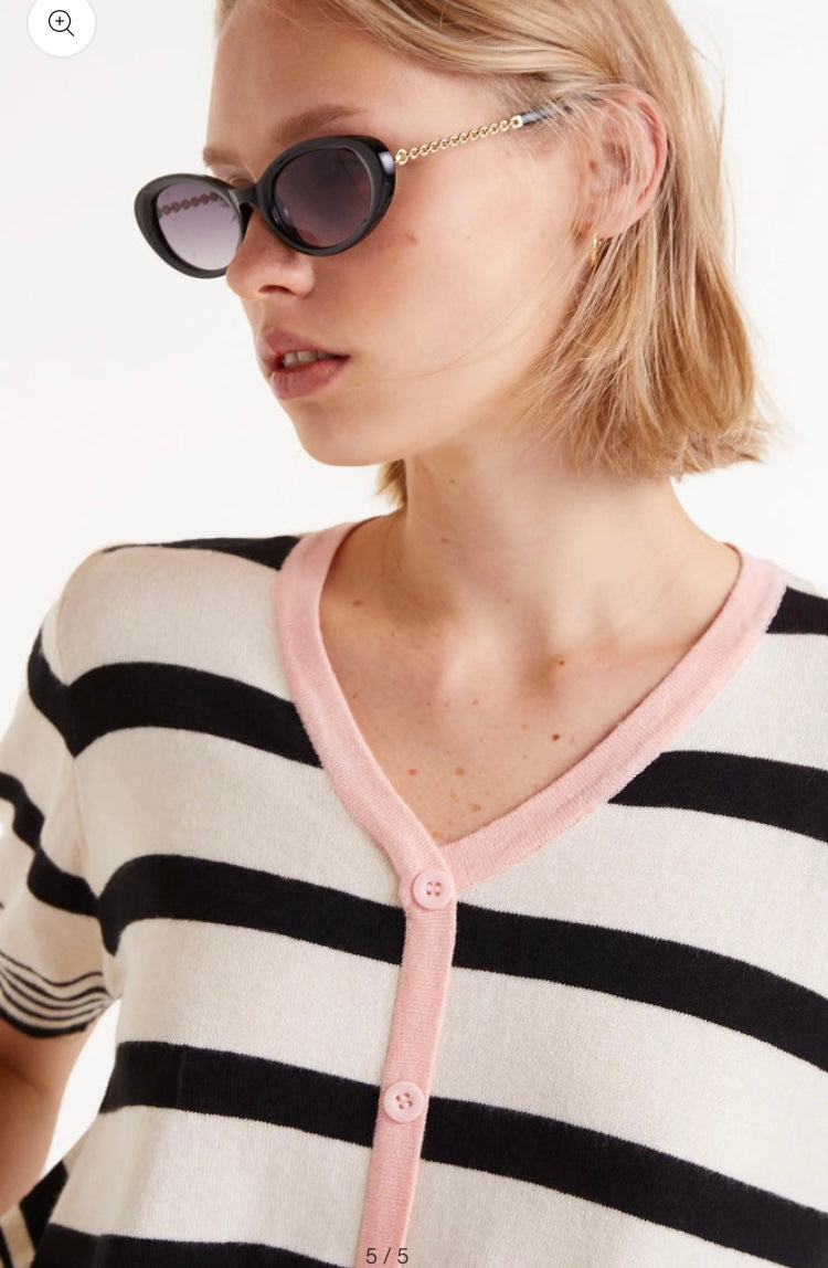 Compania Black & Soft White Fine Knit Short Sleeve Cardigan-Top