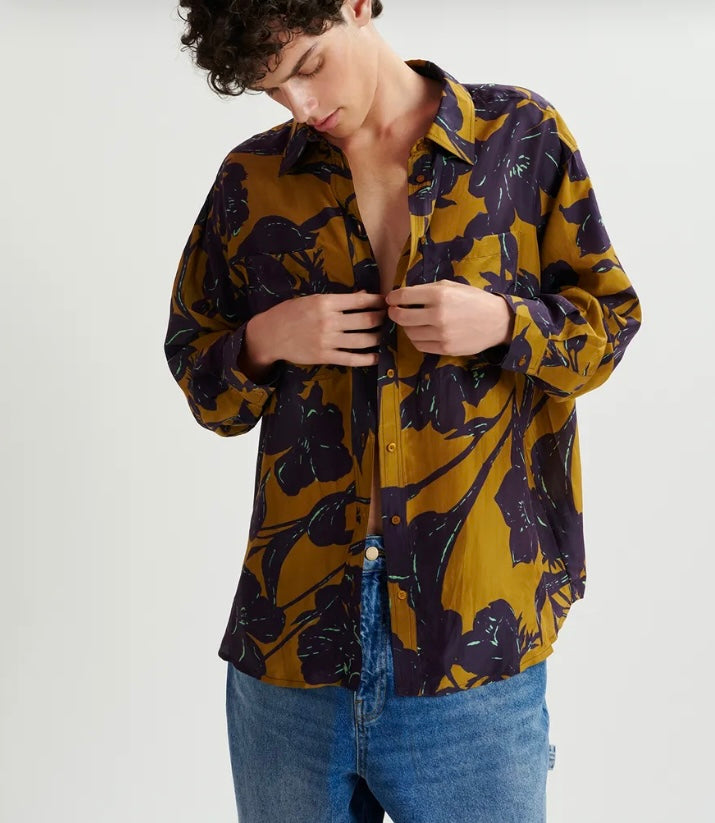 Essentiel Antwerp Bronze & Navy Silk Floral Print Shirt