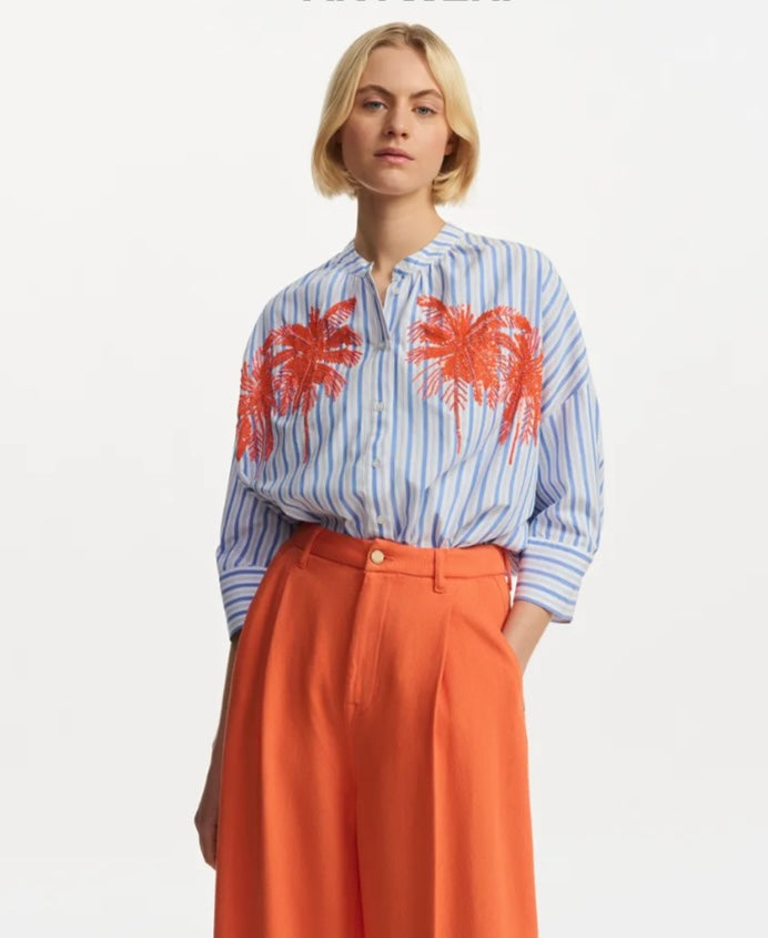 Essentiel Antwerp Blue & White Stripe Shirt with Beaded & Embroidered Motiff