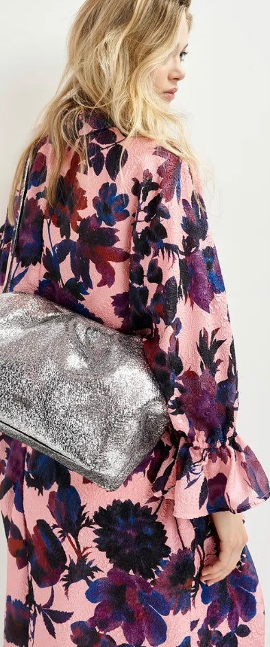 Essentiel Antwerp Light Pink , Navy & Purple Floral Print Mini Dress with High Collar