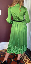 Load image into Gallery viewer, Beatrice B Kiwi Green Satin Pleated Midi Shirt Dress
