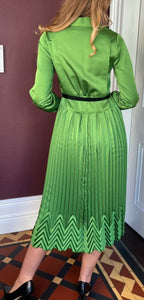 Beatrice B Kiwi Green Satin Pleated Midi Shirt Dress