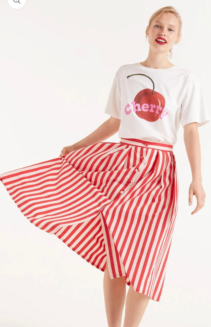 Compania Red & Pink Stripe Poplin Cotton Midi Skirt