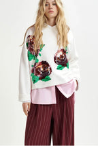 Essentiel Antwerp White Sweatshirt with Red & Green Sequin Motifs