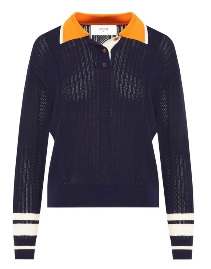 Beatrice B Navy Perforated Silk Blend Polo Shirt with contrasting Collar & Cuffs