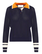 Beatrice B Navy Perforated Silk Blend Polo Shirt with contrasting Collar & Cuffs