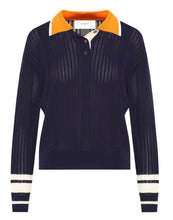 Load image into Gallery viewer, Beatrice B Navy Perforated Silk Blend Polo Shirt with contrasting Collar &amp; Cuffs
