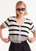 Compania Black & Soft White Fine Knit Short Sleeve Cardigan-Top