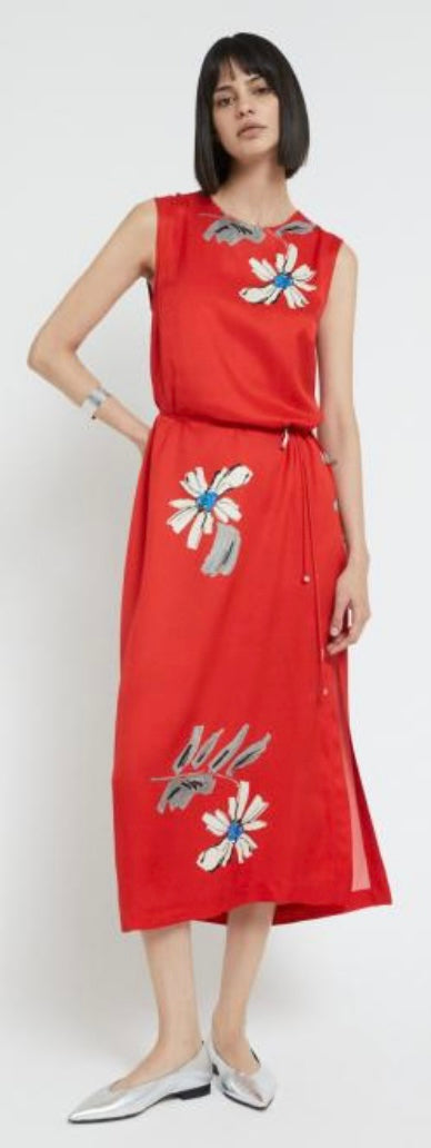 Ottod’Ame Red Satin Floral Column Dress