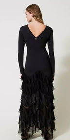 Twinset Milano Long Black Dress with Lace Flounce Frill Botton