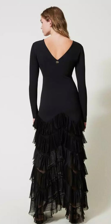 Twinset Milano Long Black Dress with Lace Flounce Frill Botton