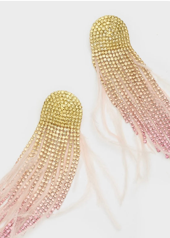 Nali Pink & Gold Feathers & Crystal Tassle Earrings