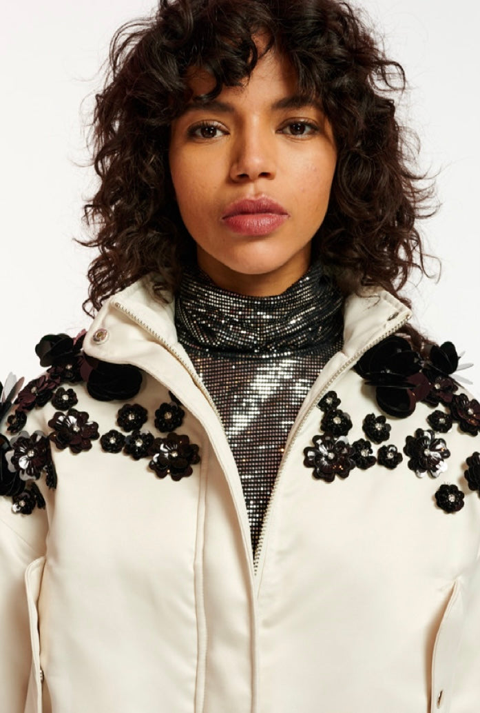 Essentiel Antwerp Off White Satin Bomber Jacket