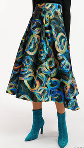 Essentiel Antwerp Black Jacquard Pleated Midi Skirt with Multicoloured Abstract Print