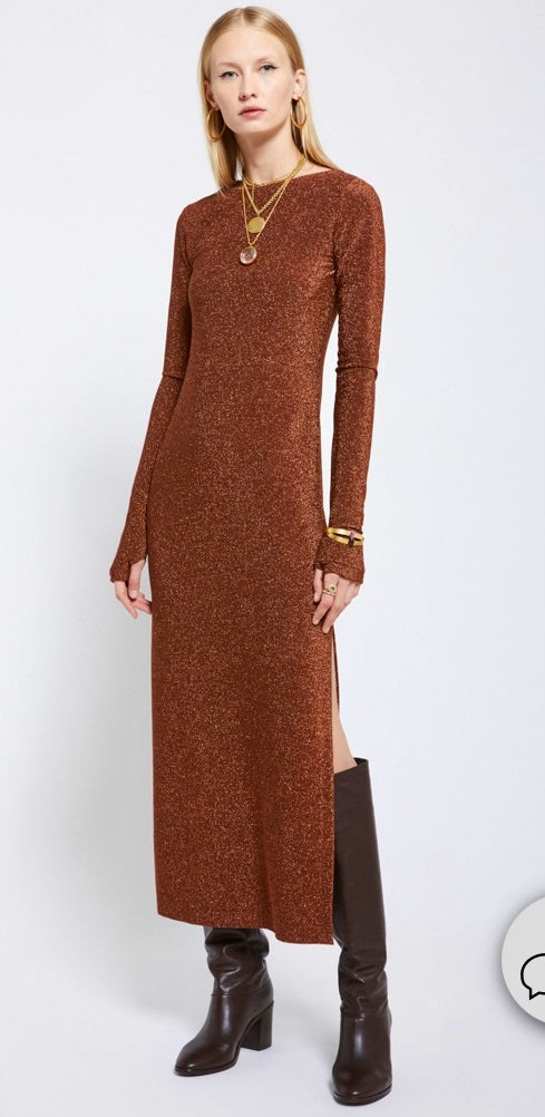 Ottodame Tobacco Long Lurex Reversible Dress