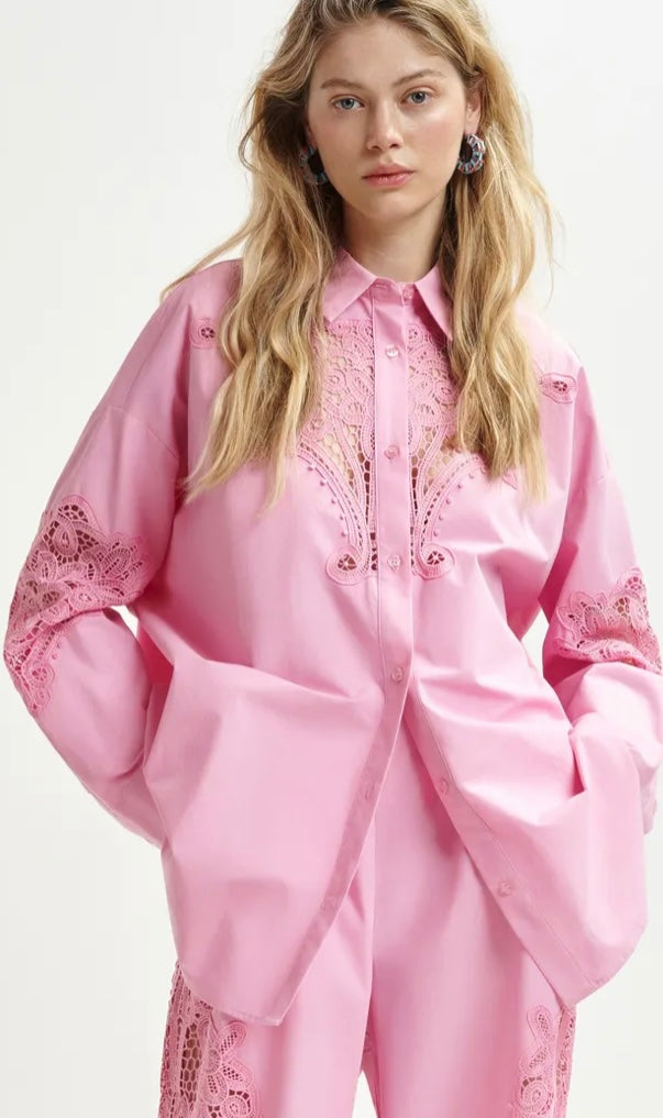 Essentiel Antwerp Pink Cotton Shirt with Embroidery Anglaise Appliqué