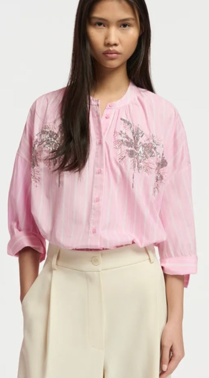 Essentiel Antwerp Pink & White Stripe Cotton Shirt with sequin / embroidered motif