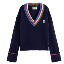 Load image into Gallery viewer, SCOTCH &amp; SODA Cotton Colour-Trimmed V-Neck Navy Blue Jumper
