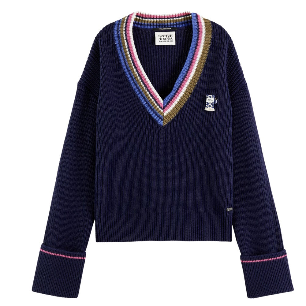 SCOTCH & SODA Cotton Colour-Trimmed V-Neck Navy Blue Jumper