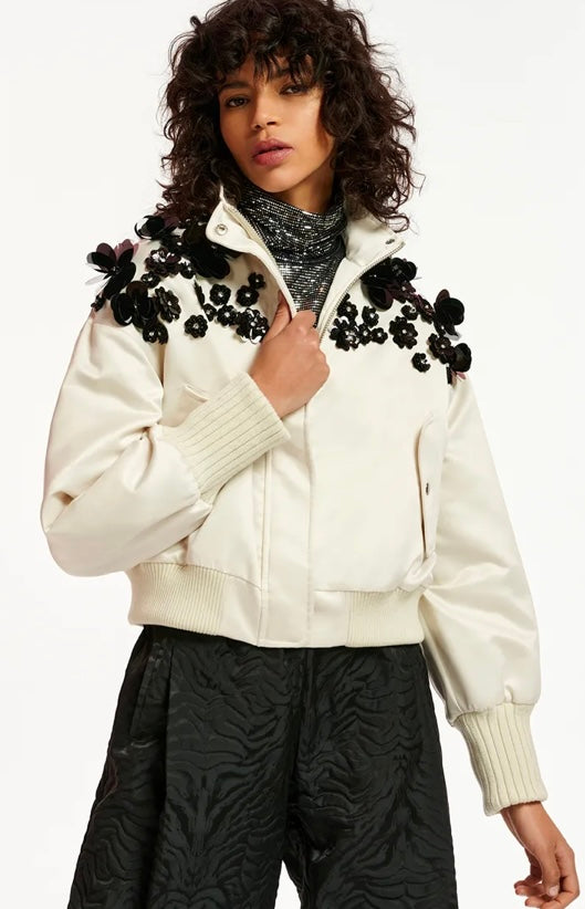 Essentiel Antwerp Off White Satin Bomber Jacket