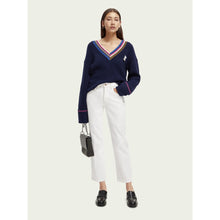 Load image into Gallery viewer, SCOTCH &amp; SODA Cotton Colour-Trimmed V-Neck Navy Blue Jumper
