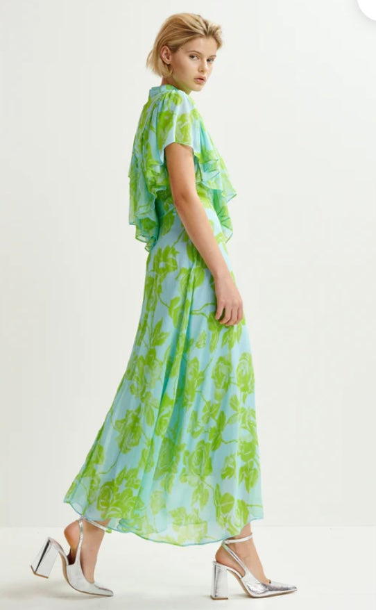Essentiel Antwerp Green & Blue Floral Chiffon Midi Dress