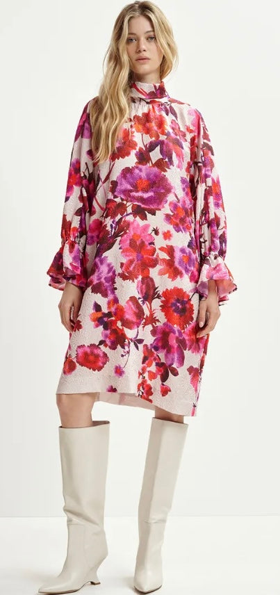 Essentiel Antwerp Pink & Purple Floral Print Mini Dress with High Collar