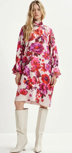 Essentiel Antwerp Pink & Purple Floral Print Mini Dress with High Collar