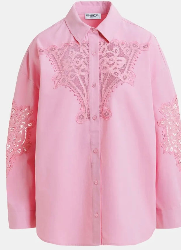 Essentiel Antwerp Pink Cotton Shirt with Embroidery Anglaise Appliqué