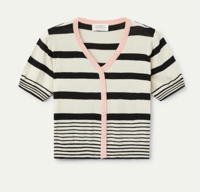 Compania Black & Soft White Fine Knit Short Sleeve Cardigan-Top