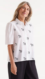 Compania White Short Sleeve Cotton Shirt with Black Zebra Print