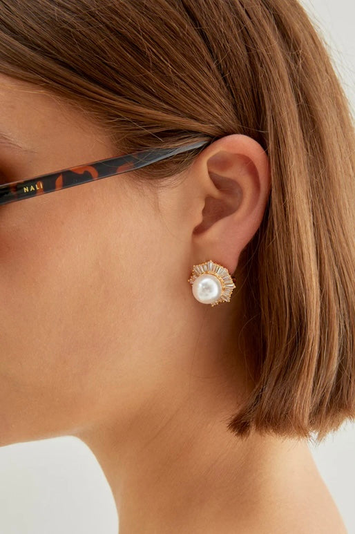 Nali Grey Pearl & Gold clip & pin Stud Earrings