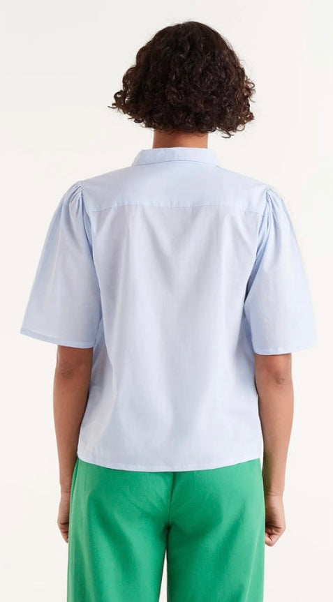 Compania Blue Short Sleeve Blouse with blue flowers