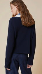 PennyBlack Navy Ribbed V-Neck Jumper with Off-White & Gold Lurex Trim
