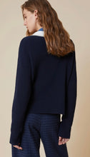 Load image into Gallery viewer, PennyBlack Navy Ribbed V-Neck Jumper with Off-White &amp; Gold Lurex Trim
