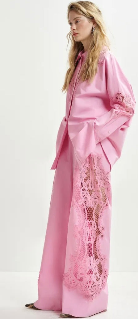 Essentiel Antwerp Pink Cotton Shirt with Embroidery Anglaise Appliqué