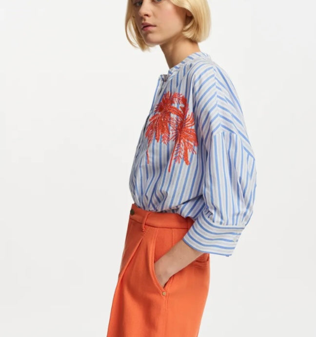 Essentiel Antwerp Blue & White Stripe Shirt with Beaded & Embroidered Motiff