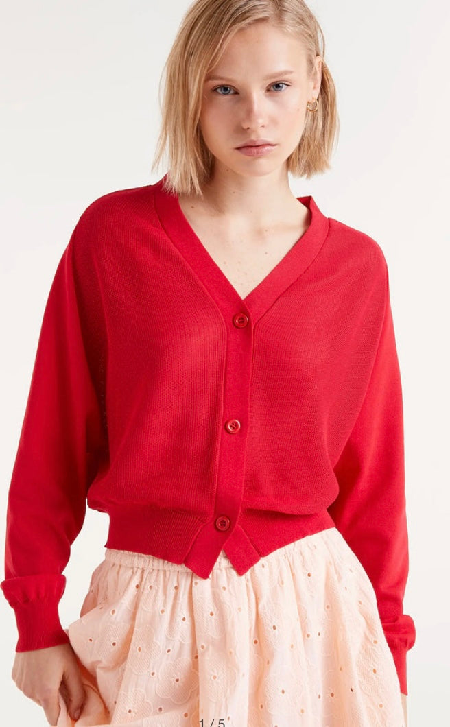 Compania Red Fine Knit V-Neck Cardigan