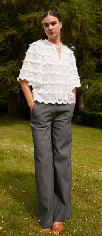 RDF White Elbow length Blouse -Top with Tassle details