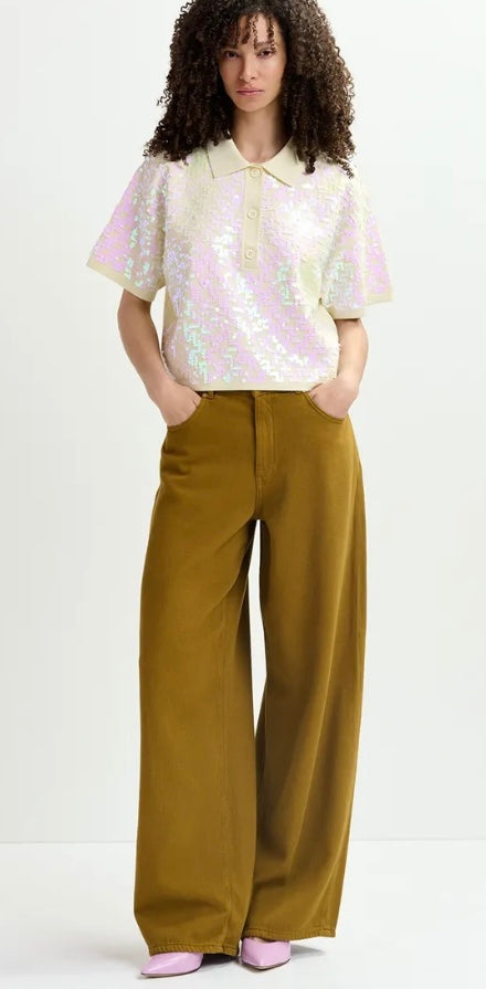 Essentiel Antwerp Off-White Iridescent Sequin Polo Knit Top