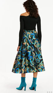 Essentiel Antwerp Black Jacquard Pleated Midi Skirt with Multicoloured Abstract Print